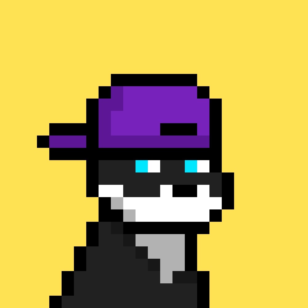 LambMetaX official pixel portrait — @LambMetaX Pixel portrait of LambMetaX (@LambMetaX): a Doginal Dogs-style character with a purple visor on a yellow background